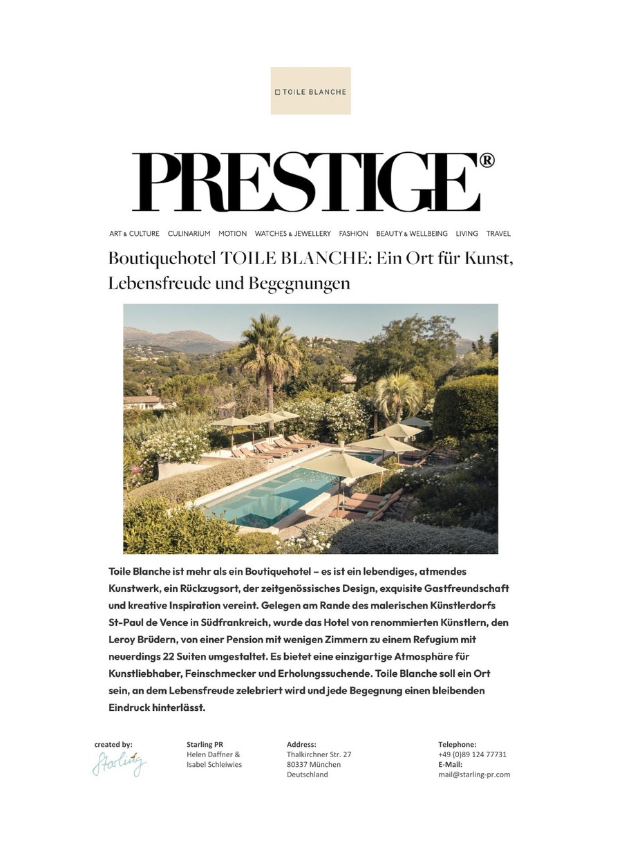 Prestige Magazin — Toile Blanche press coverage