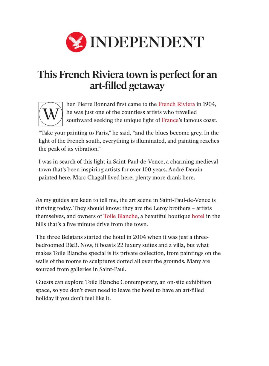 The Independent — Toile Blanche press coverage